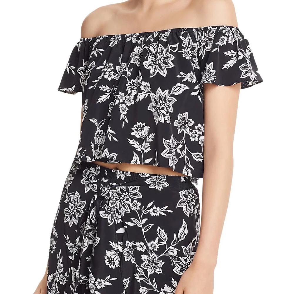 Aqua Floral Off-The-Shoulder Crop Top & Stretch Floral Print Wide Leg Pants Set